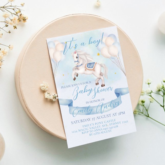 Fairytale Pony Stars Balloons Baby Shower Boy Inbjudningar (Skapare uppladdad)