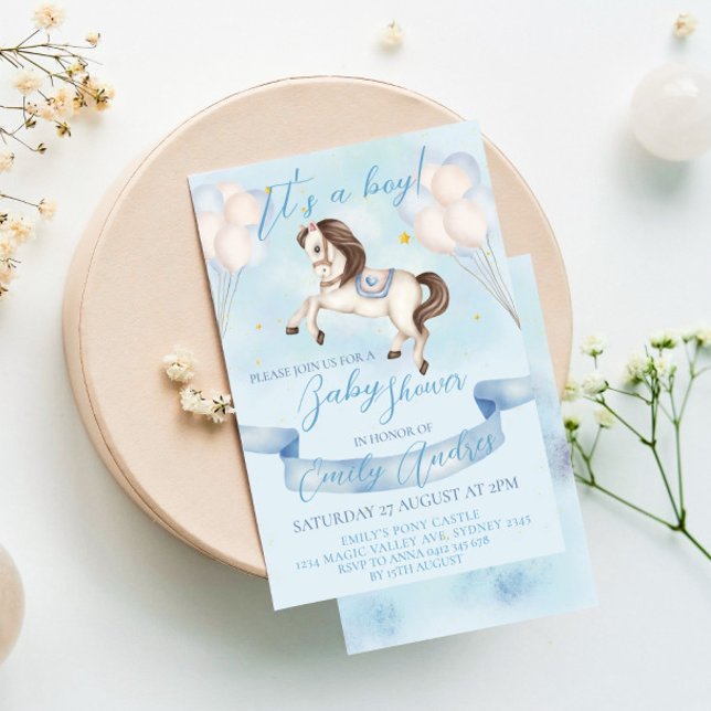 Fairytale Pony Stars Balloons Baby Shower Boy Inbjudningar (Skapare uppladdad)