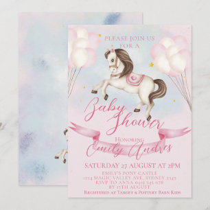 Fairytale Pony Stars Rosa Balloons Baby Shower Inbjudningar
