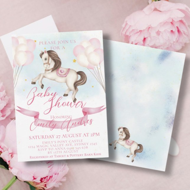 Fairytale Pony Stars Rosa Balloons Baby Shower Inbjudningar (Skapare uppladdad)