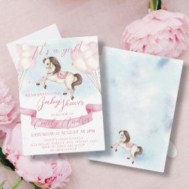 Fairytale Pony Stars Rosa Balloons Baby Shower Inbjudningar