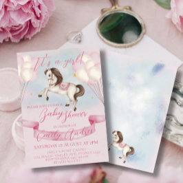 Fairytale Pony Stars Rosa Balloons Baby Shower Inbjudningar