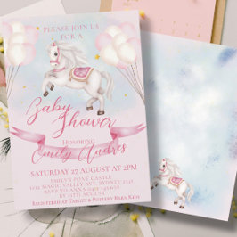 Fairytale Pony Stars Rosa Balloons Baby Shower Inbjudningar