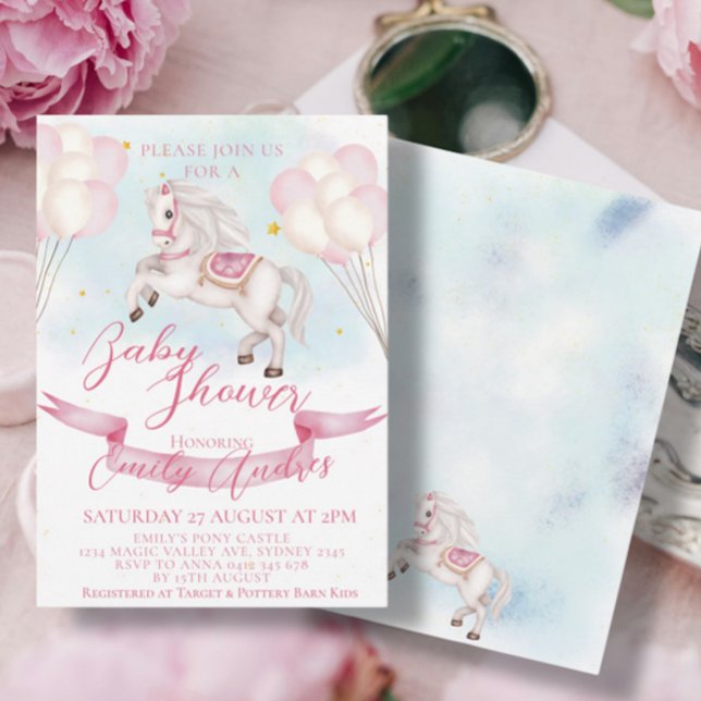 Fairytale Pony Stars Rosa Balloons Baby Shower Inbjudningar (Skapare uppladdad)
