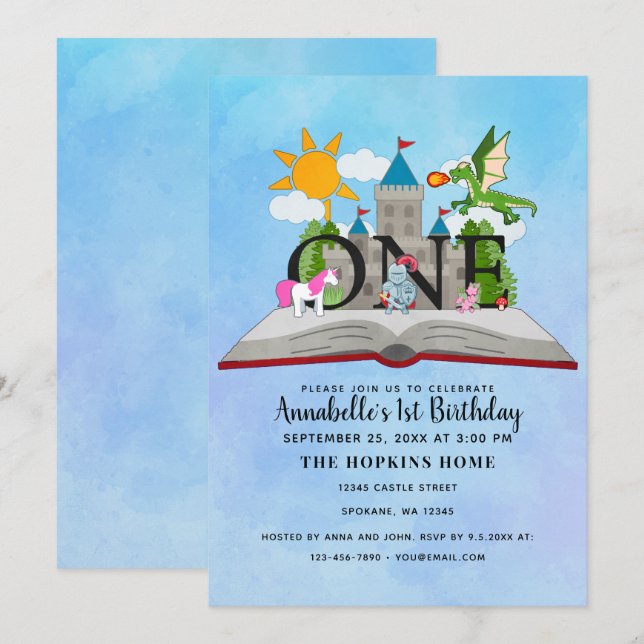 Fairytale Pop Up Bok Kids First Birthday Inbjudningar (Fram/baksida)