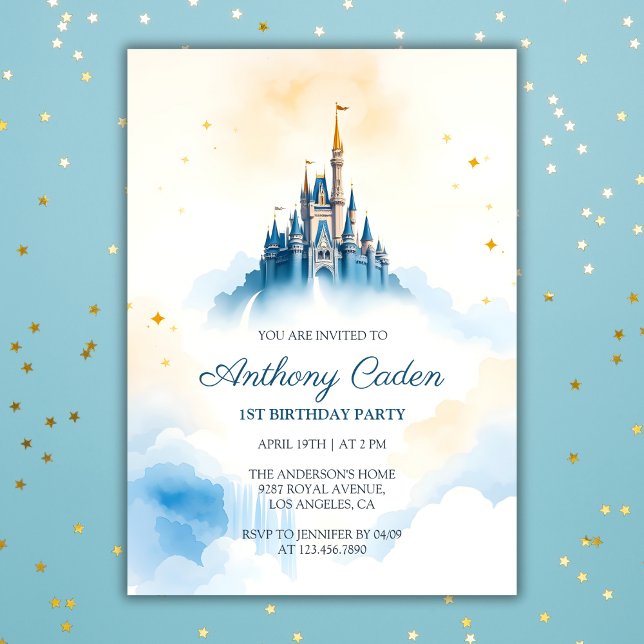 Fairytale Prince Royal Castle Blue Boy Birthday Inbjudningar (Fairytale Prince Royal Castle Blue Boy Birthday Invitation)