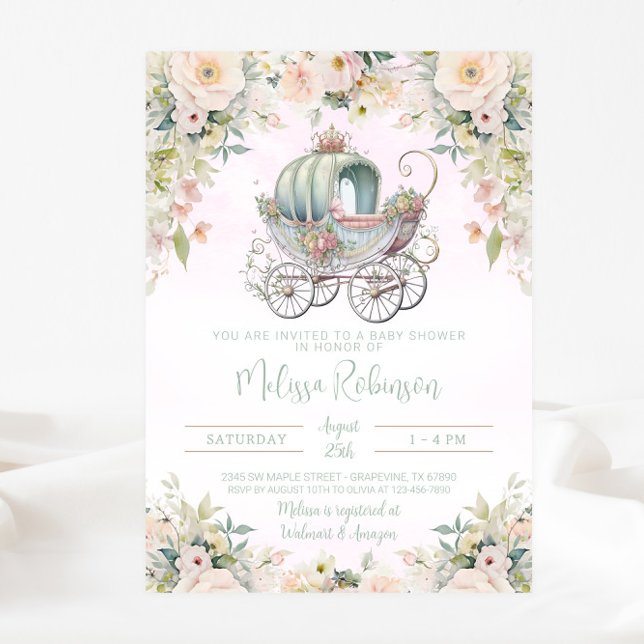 Fairytale Princess Carriage Girl Watercolor Inbjudningar (Beautiful fairytale baby carriage invitation. Simply add your event details. )