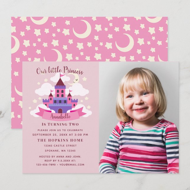 Fairytale Princess Castle Girls Birthday Photo Inbjudningar (Fram/baksida)