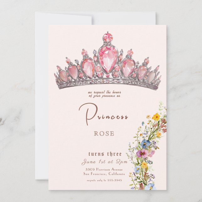 Fairytale Princess Krona Rosa & Guld Birthday Inbjudningar (Framsida)