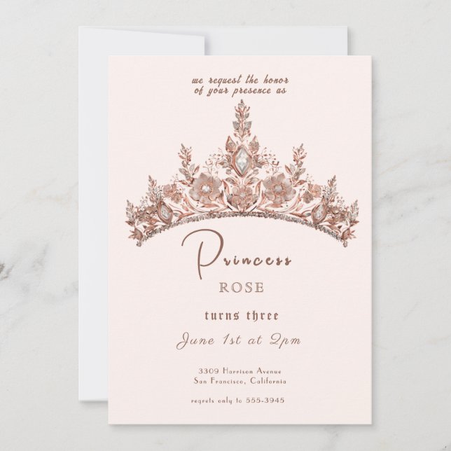 Fairytale Princess Krona Rosa & Guld Birthday Inbjudningar (Framsida)