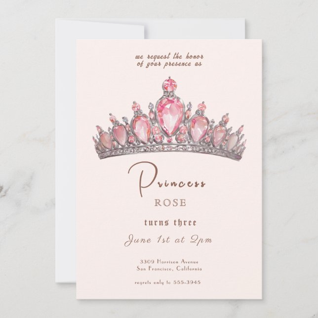 Fairytale Princess Krona Rosa & Guld Birthday Inbjudningar (Framsida)