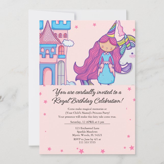 Fairytale Princess med Unicorn Födelsedagsfest Inbjudningar (Framsida)
