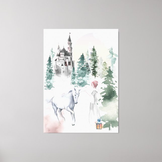 Fairytale Princess och Unicorn nära Castle Canvastryck (Framsida)