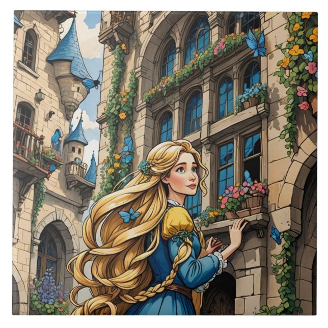 Fairytale - Rapunzel. Vacker guldhår Kakelplatta (Framsidan)