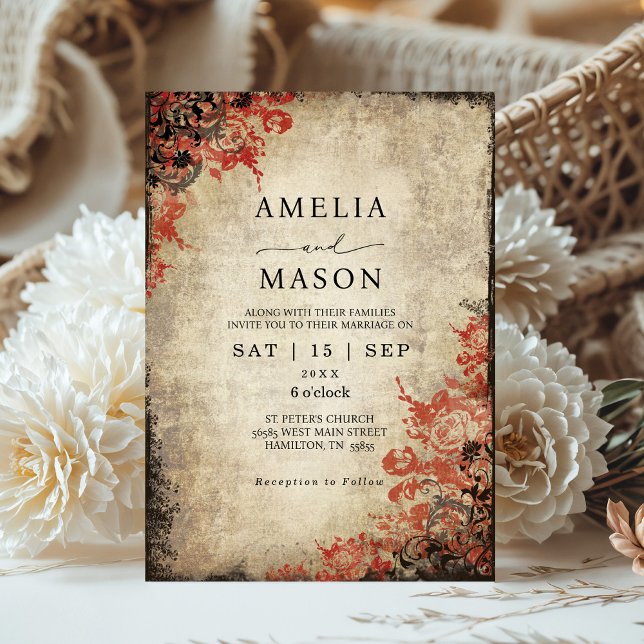 Fairytale Röd ros bröllopsinbjudan Inbjudningar (Elegant Vintage Red Roses Fairytale Wedding Invitation)