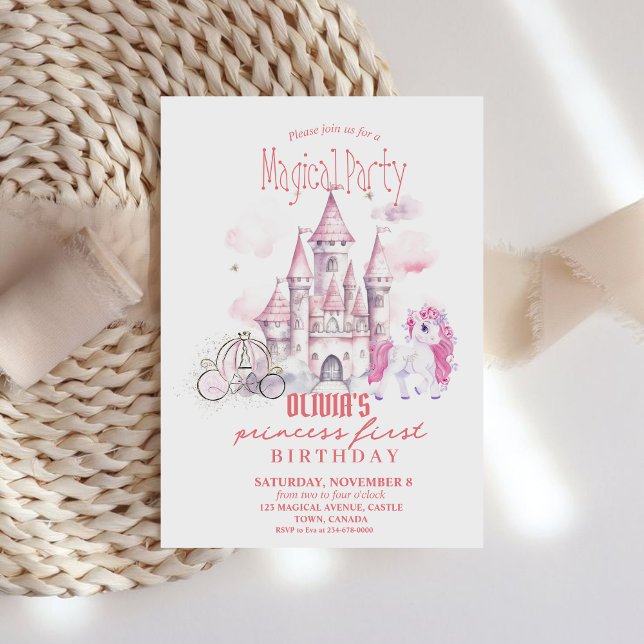 Fairytale Rosa Castle unicorn Princess Birthday Inbjudningar (Skapare uppladdad)