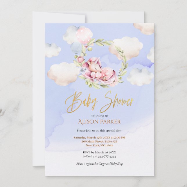 Fairytale Rosa Unicorn Dream Cloud | Babyskor Inbjudningar (Framsida)
