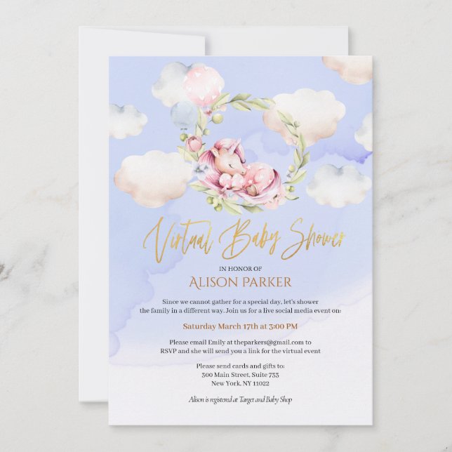 Fairytale Rosa Unicorn Dream | Virtuella babyskor Inbjudningar (Framsida)