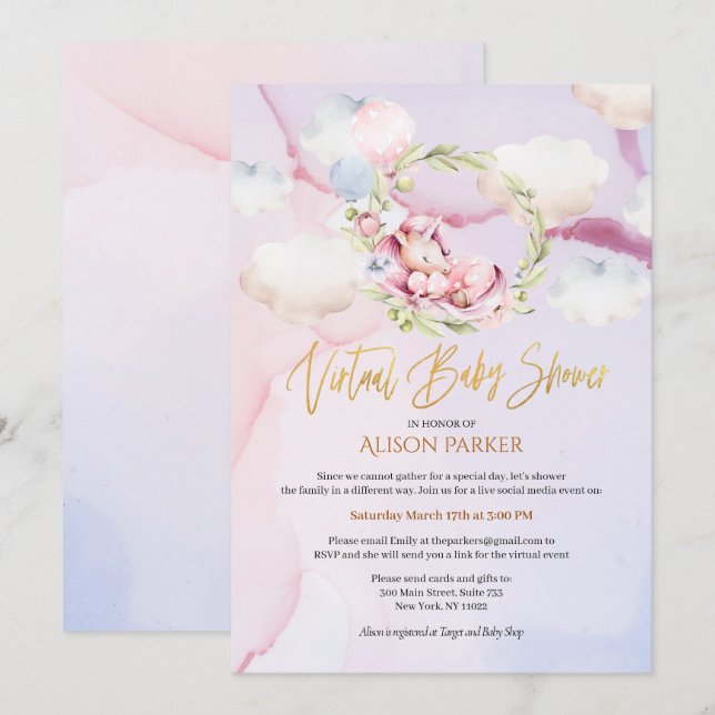 Fairytale Rosa Unicorn Dream | Virtuella babyskor Inbjudningar (Fram/baksida)