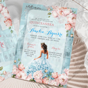 Fairytale Royal Castle Rosa Blue Quinceañera Inbjudningar