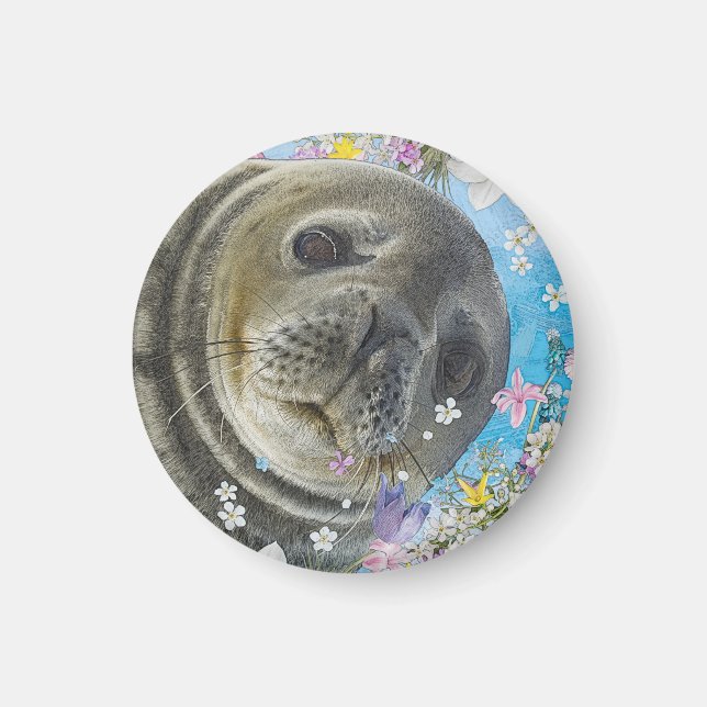 Fairytale Sealion in Ocean of Flowers Magnet (Framsidan)