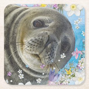 Fairytale Sealion in Ocean of Flowers Underlägg Papper Kvadrat