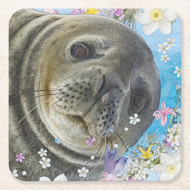 Fairytale Sealion in Ocean of Flowers Underlägg Papper Kvadrat (Framsidan)
