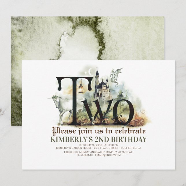 Fairytale Unicorn Dragon Magic Castle 2:a födelsed Inbjudningar (Fram/baksida)