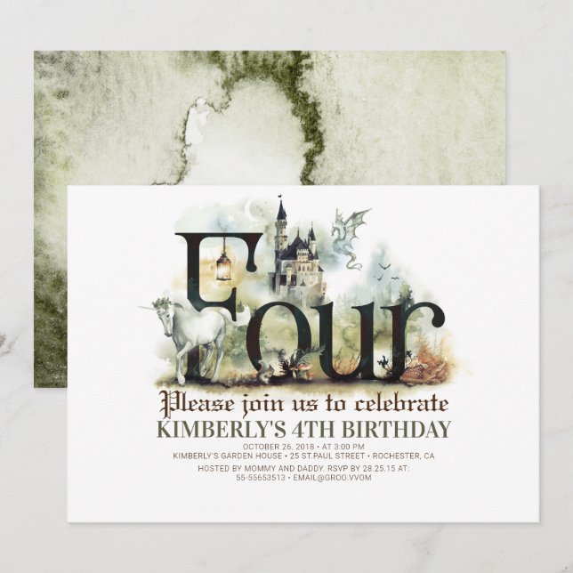 Fairytale Unicorn Dragon Magic Castle 4e födelseda Inbjudningar (Fram/baksida)