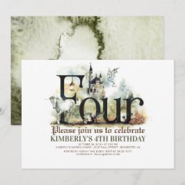 Fairytale Unicorn Dragon Magic Castle 4e födelseda Inbjudningar