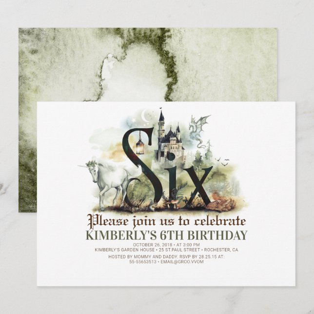Fairytale Unicorn Dragon Magic Castle 6 Birthday Inbjudningar (Fram/baksida)