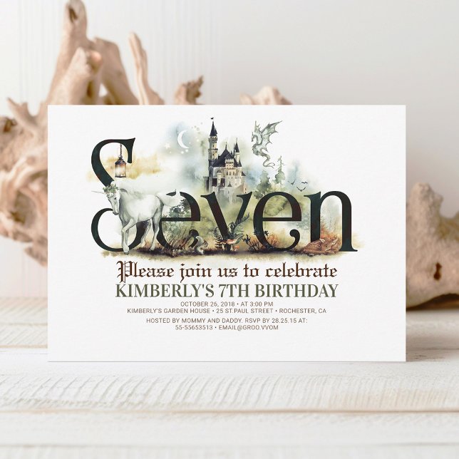 Fairytale Unicorn Dragon Magic Castle 7:e Birthday Inbjudningar (Skapare uppladdad)