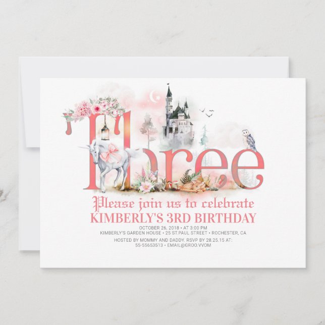 Fairytale Unicorn Princess Castle 3rd Birthday Inbjudningar (Framsida)