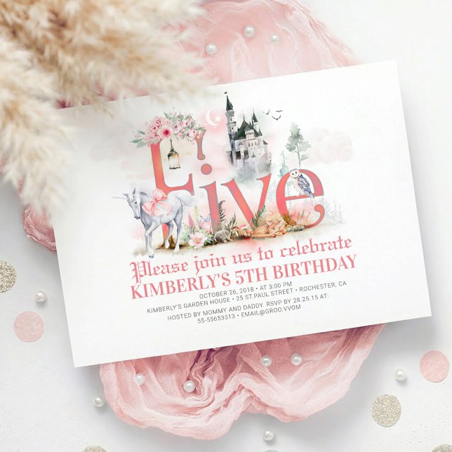 Fairytale Unicorn Princess Castle 5th Birthday Inbjudningar (5th Birthday Invitation with Fairytale Creatures Enchanted Castle and dragon with unicorn)