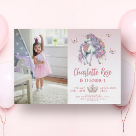 Fairytale Uniforn & Flowers Rosa Photo Birthday Inbjudningar
