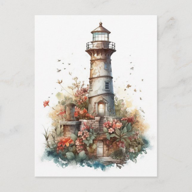 Fairytale Watercolor Lighthouse Vykort (Framsida)