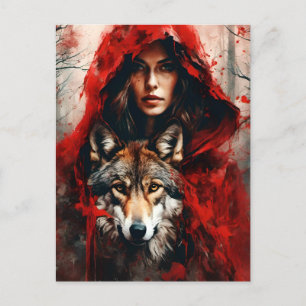 Fairytale Woman och en Varg Vykort