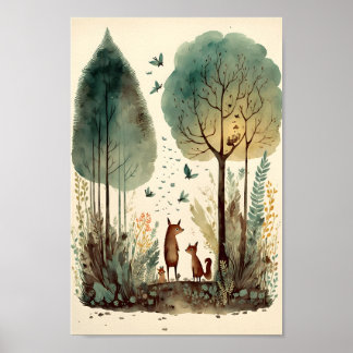 Fairytales vattenfärgillustration av skog poster