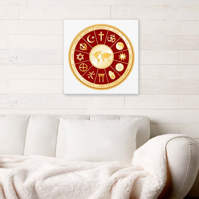 Faith Canvas Art (World of Faith Canvas Art.
Gold symbols of international religions surround a world map. )