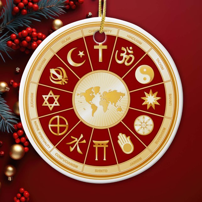 Faith Ceramic Ornament (Gold symbols of international religions surround a world map. )