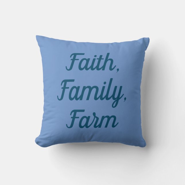 Faith, familj, gård, söt blå på blått  kudde (Framsida)