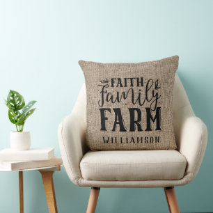 Faith Family Farm Burlap Family Namn Pillow Kudde