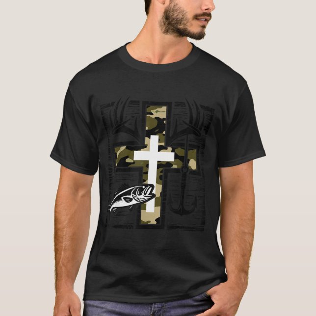 Faith Fishing Hunting Camo Cross With Hook B Chris T Shirt (Framsida)