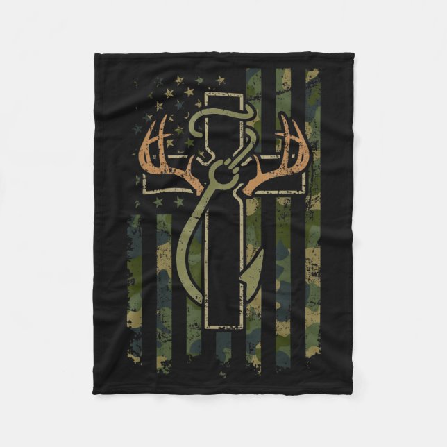 Faith Fishing Hunting Camo Us Flag Cross With Hook Fleecefilt (Framsidan)
