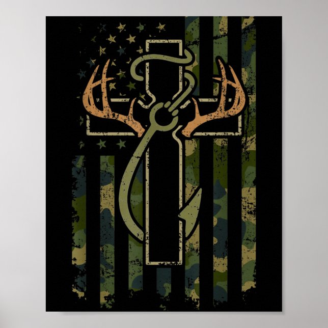 Faith Fishing Hunting Camo Us Flag Cross With Hook Poster (Framsidan)