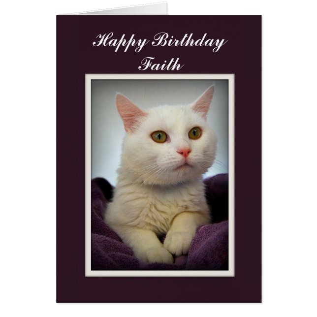 Faith Grattis på födelsedagen White Cat Card Hälsningskort (Framsidan)