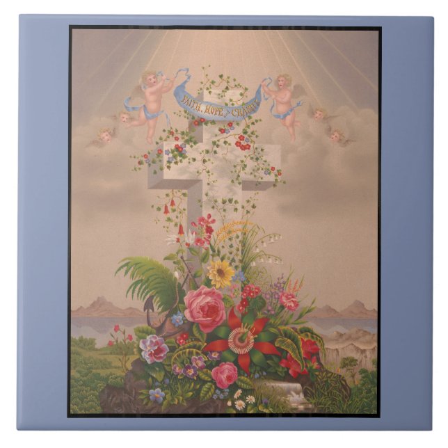 Faith Hope Charity och Flowers Kakelplatta (Framsidan)