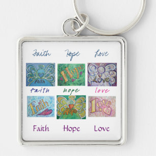 Faith Hope Kärlek Angel Ord Collage Keychain Fyrkantig Silverfärgad Nyckelring