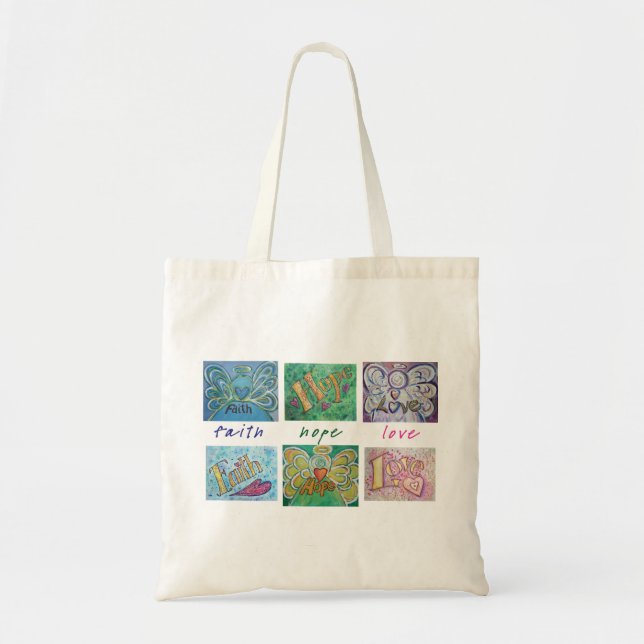 Faith Hope Kärlek Angel Ord Collage Tote Bag Tygkasse (Framsidan)