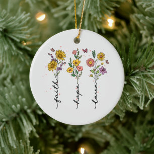 Faith Hope Kärlek - Blommigt inspirational Julgransprydnad Keramik
